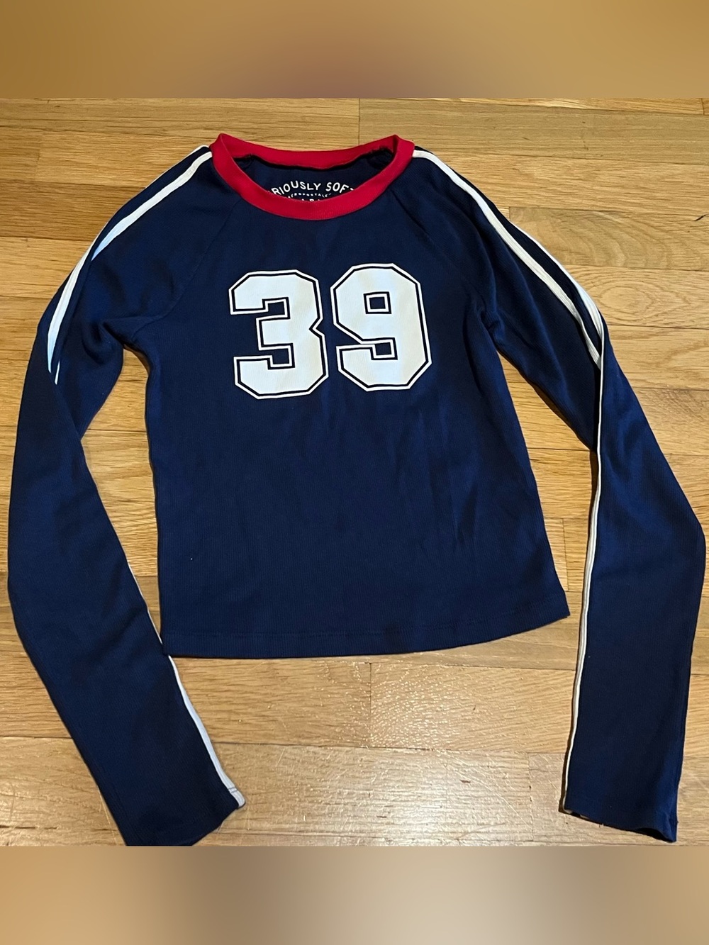 Aeropostale Navy Long Sleeve Baby Tee with Red Trim